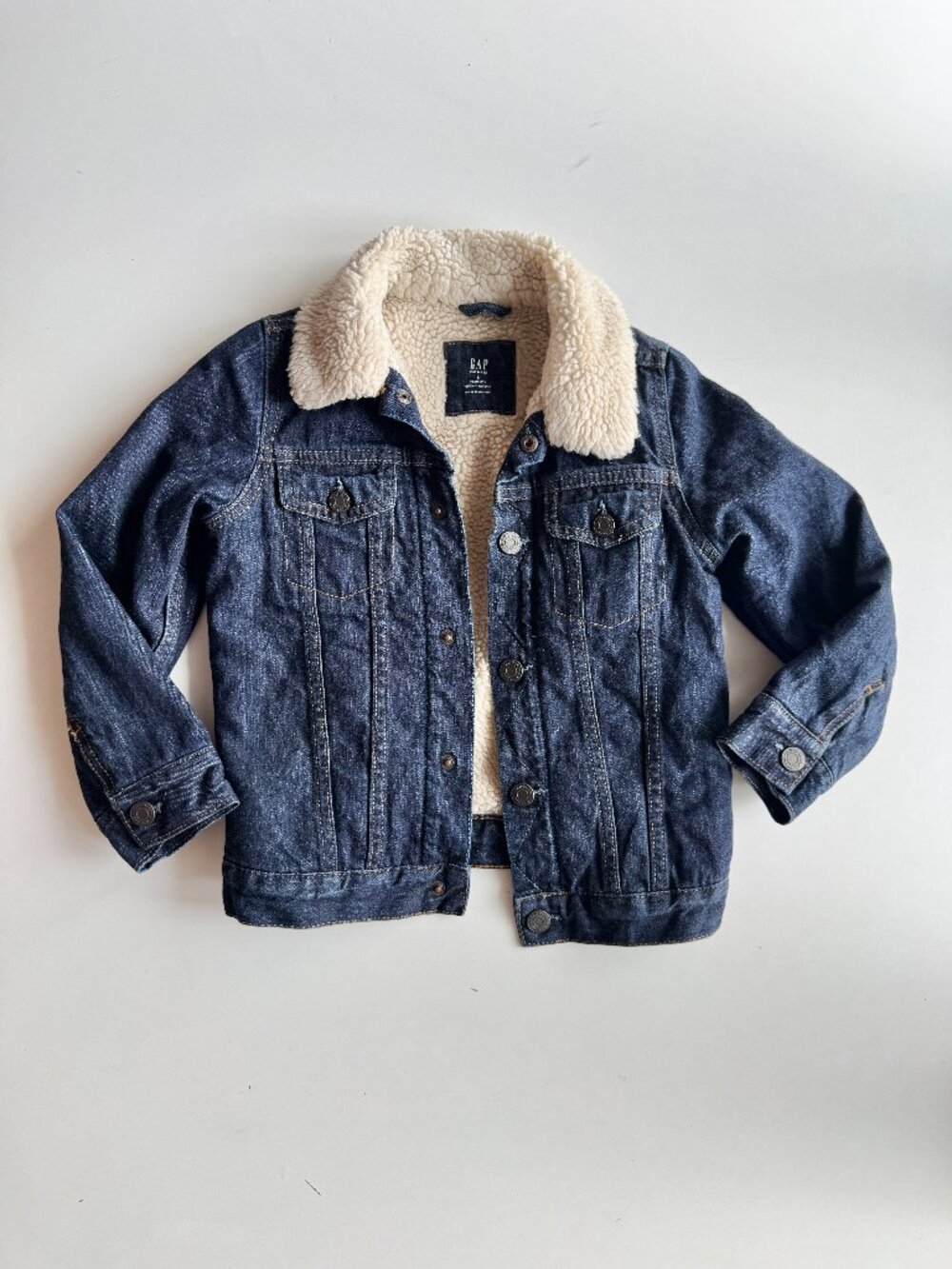 Boys' GAP Dark Rinse 100% Cotton Denim Shearling Lined Trucker Jacket, Size 5